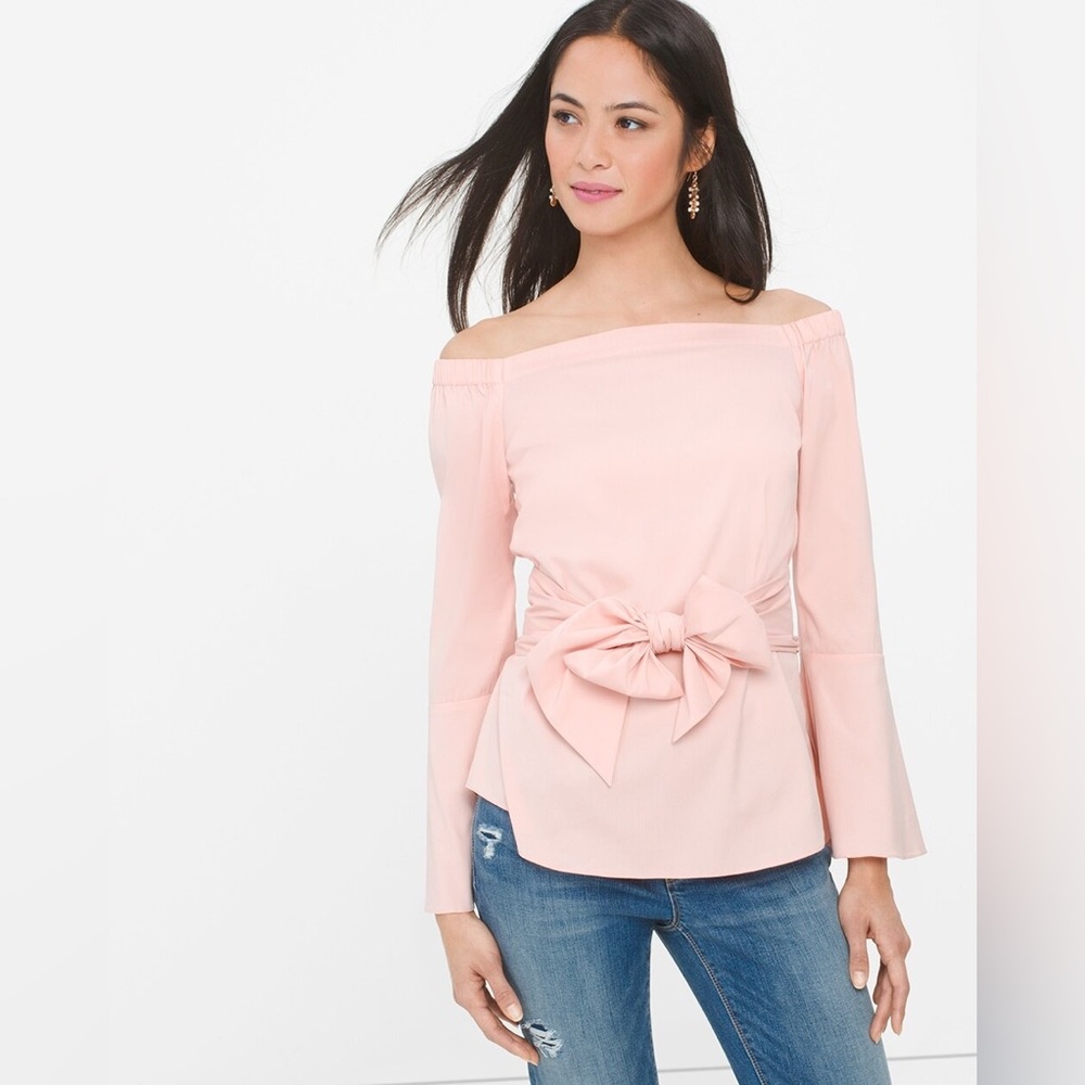 NWT WHBM Ballerina Pink Off-The-Shoulder Bell-Sleeve Poplin Top
